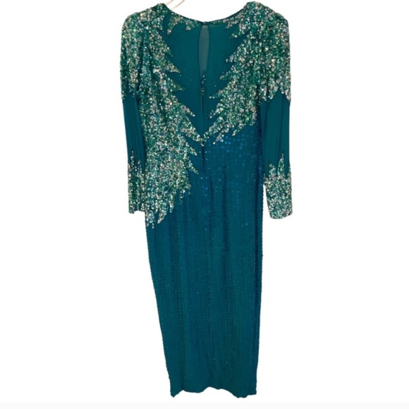 Vintage Landa Aqua Green Silk Sequin Beaded Long Evening Gown - Picture 2 of 9